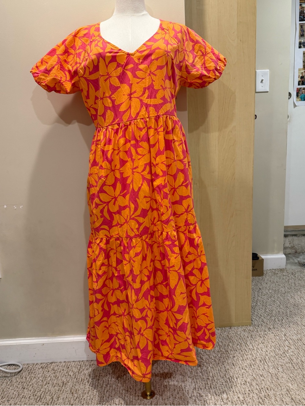 J. Crew Orange and Pink Floral Tiered Midi Dress: Hawaiian or luau theme